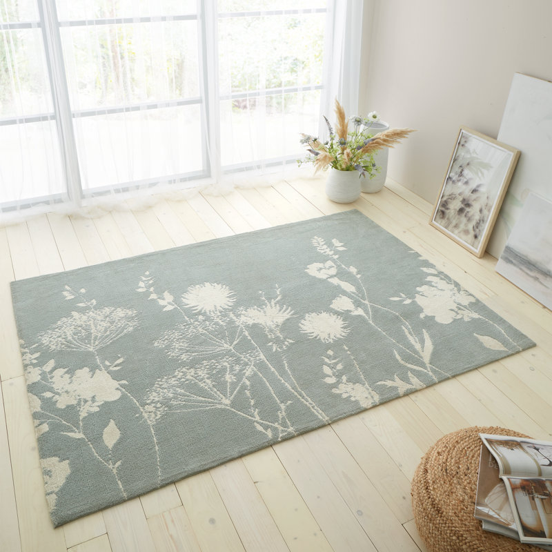 Meadowsweet Floral Machine Woven Green Rug, Rectangle 80cm x 150cm