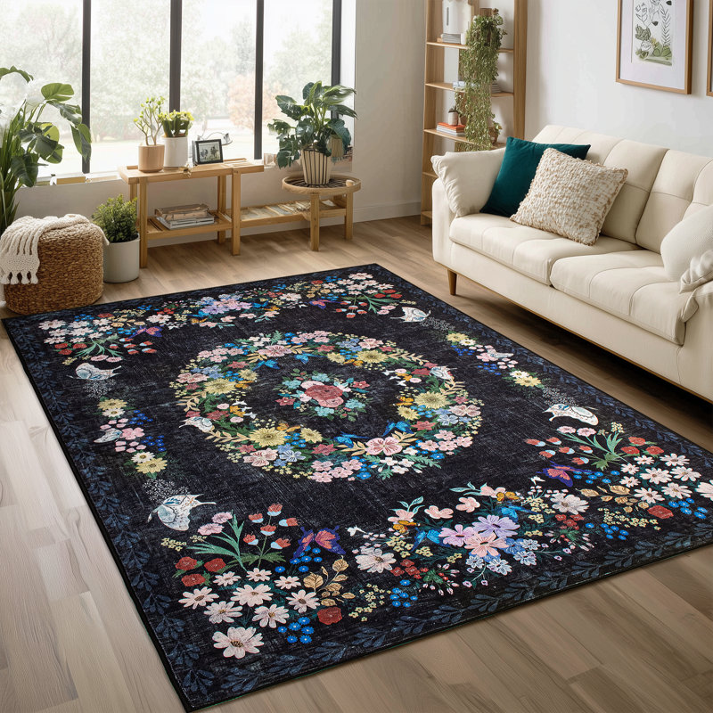 Tapis d'intérieur noir à motif floral lavable, Rectangulaire 8 pi x 10 pi
