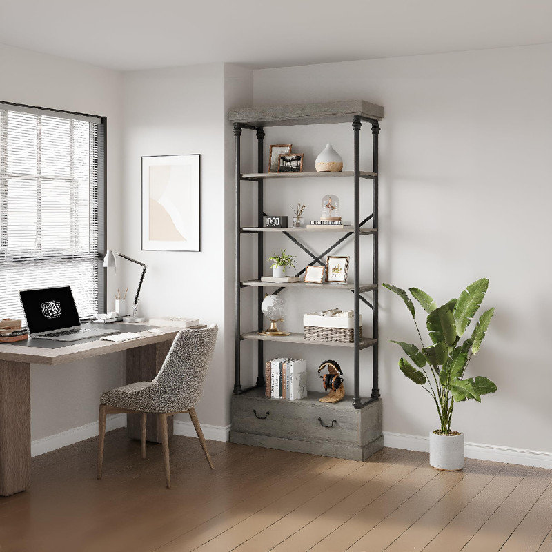 Étagère de rangement vintage à 5 niveaux avec bibliothèque de 81,3 po avec tiroir de rangement, bibliothèque haute avec cadre en métal, pour bureau, salon, chambre à coucher, bibliothèque