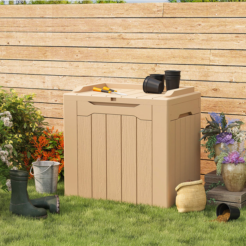 32 Gallons Lockable Resin Deck Box, Light Brown