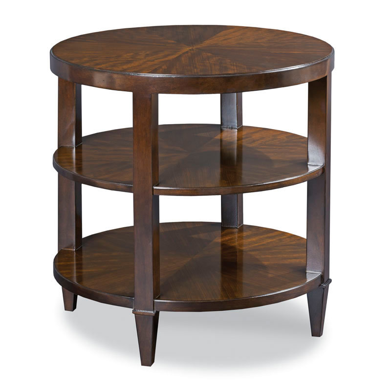 Mozambique Veneer Round Transitional Side Table with Shelves