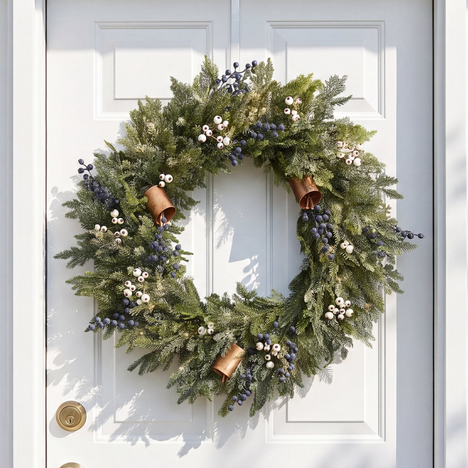 Mixed Mica Foliage with Blueberries and Harmony Bells 30in Wreath Pre-Lit Fairy Lights B/O