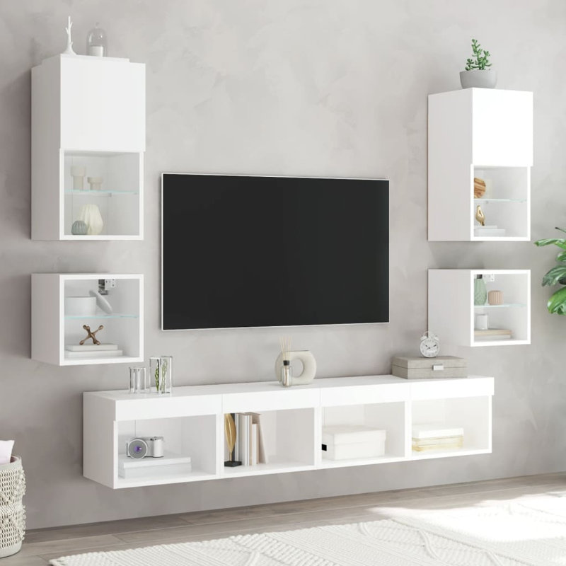  8 Piece TV Wall Units With LED Engineered Wood, White