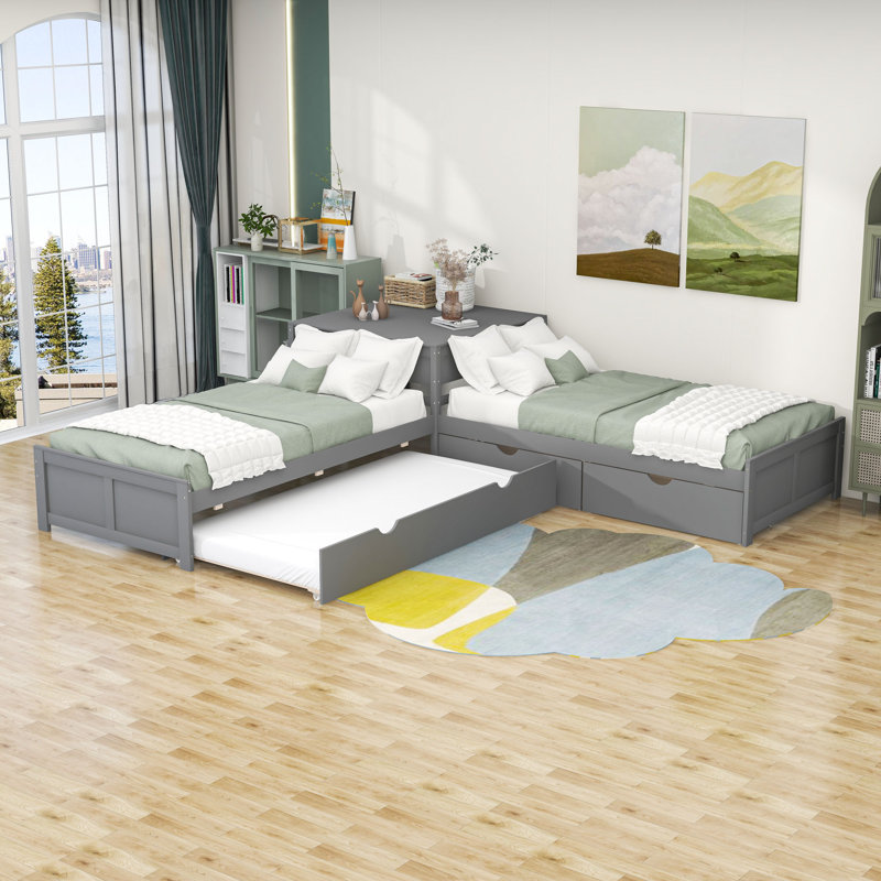 Divyanshi Twin Size L-shaped Platform Bed with Trundle and Drawers, Gray