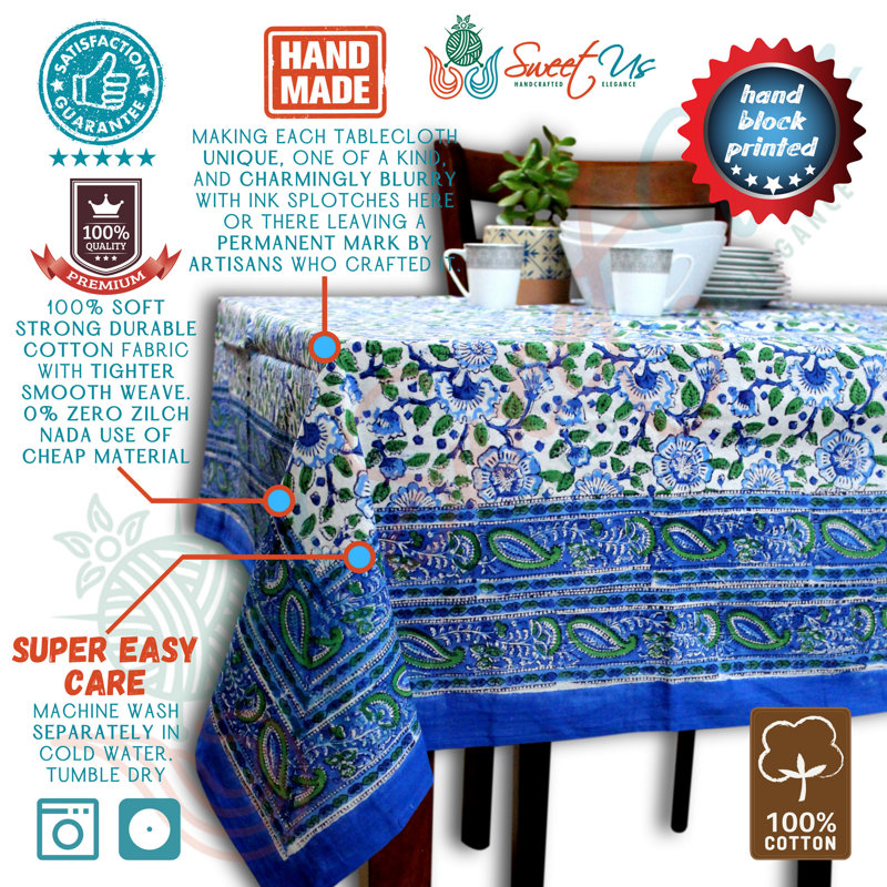 Cotton Block Print  Floral Tablecloth
