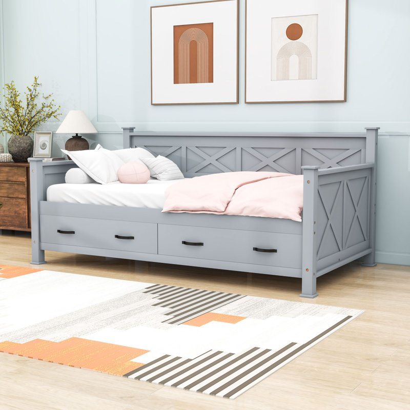 Lit de jour simple avec structure en forme de X et tiroirs de rangement, Gris