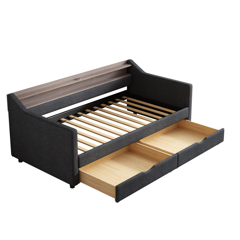 Twin Size Daybed With 2 Storage Drawers And 2-Tier Shelf & /USB/Type-C Port, Dark Gray
