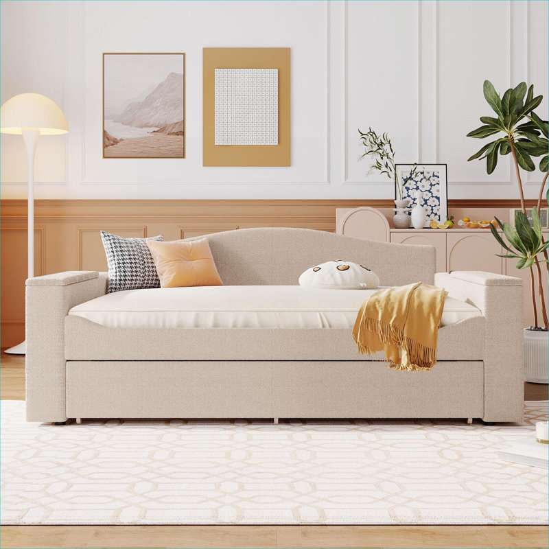 Warm Beige Full Size Upholstered Platform Daybed, Sleeper Bed with Trundle, Teddy Fleece Upholstery with Storage and Bluetooth Audio