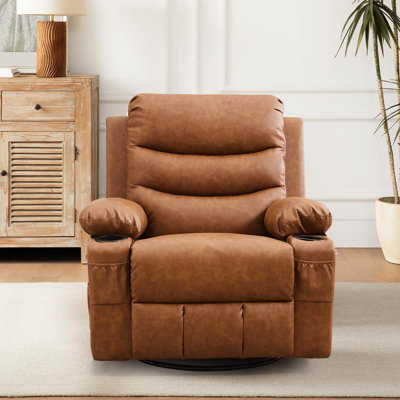 360 Swivel Rocker Chair Small Rocking Recliner for Small Spaces, Upholstered Fabric Glider Nursery Chair with Side Pockets with Cup Holder, Massage and Heat Recliner