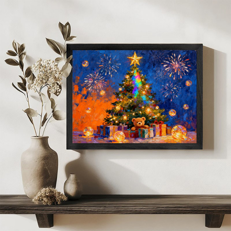 Arbre de Noël noir encadré noir et cadeaux, reproduction d'art de style rétro, H 9 po x l 11 po