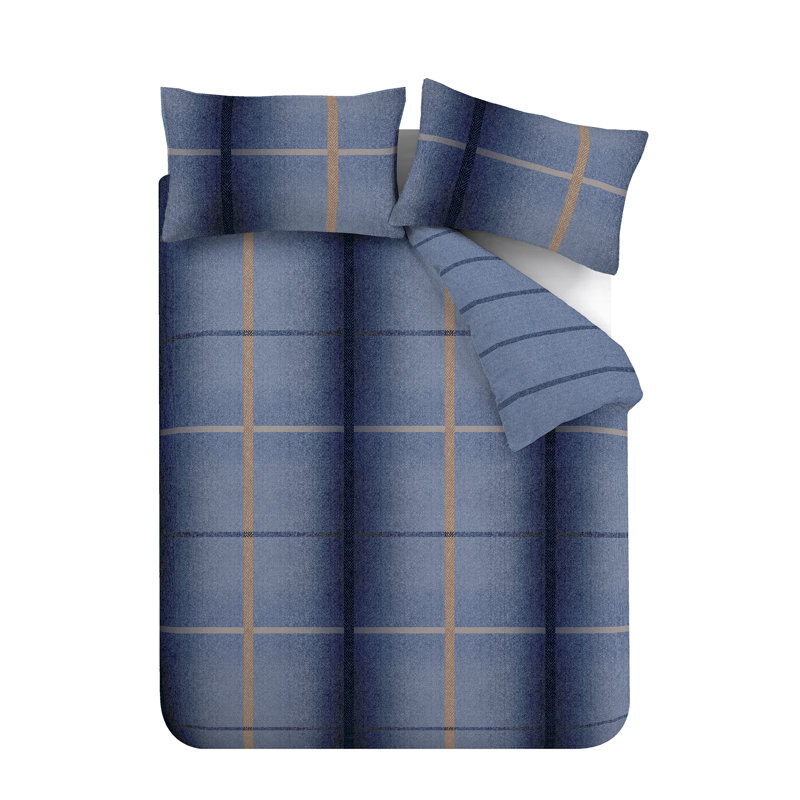 Brushed Cotton Melrose Tweed Check Reversible Duvet Cover Set, Single Duvet Cover + 1 Standard Pillowcases, Blue