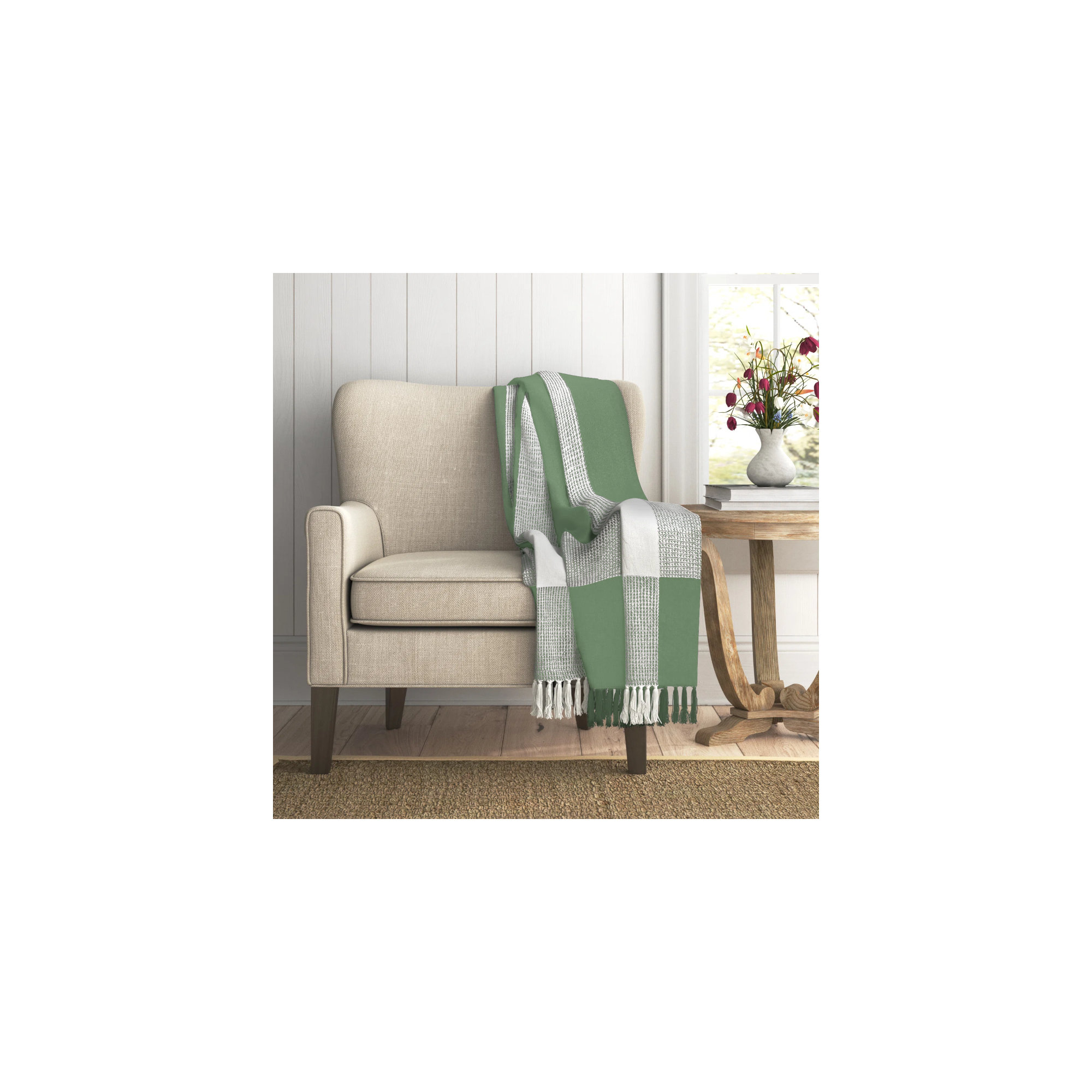  Plaid Cotton Blanket, Light Green
