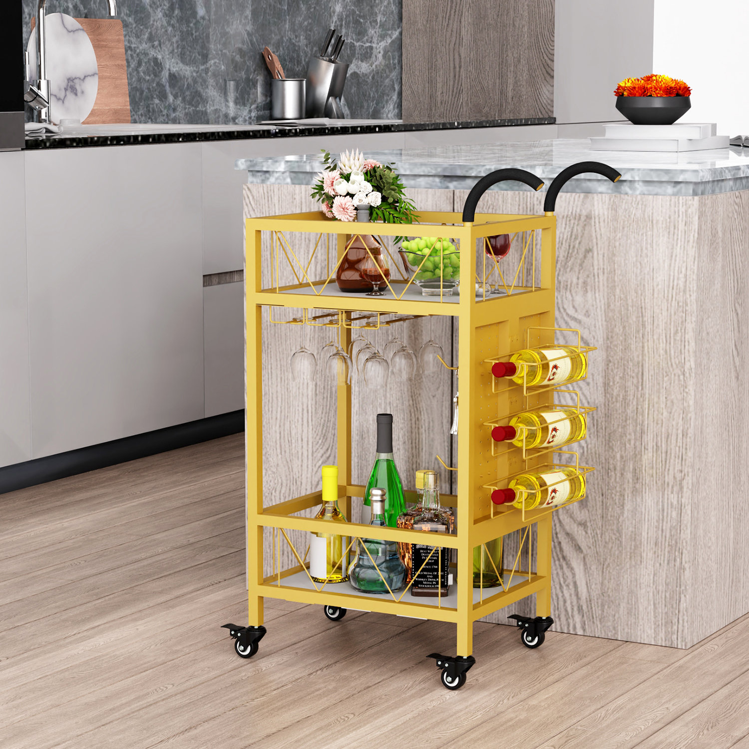 Mercer41 Bar Cart Gold, Home Bar Serving Cart, Beverage Cart With Wine ...