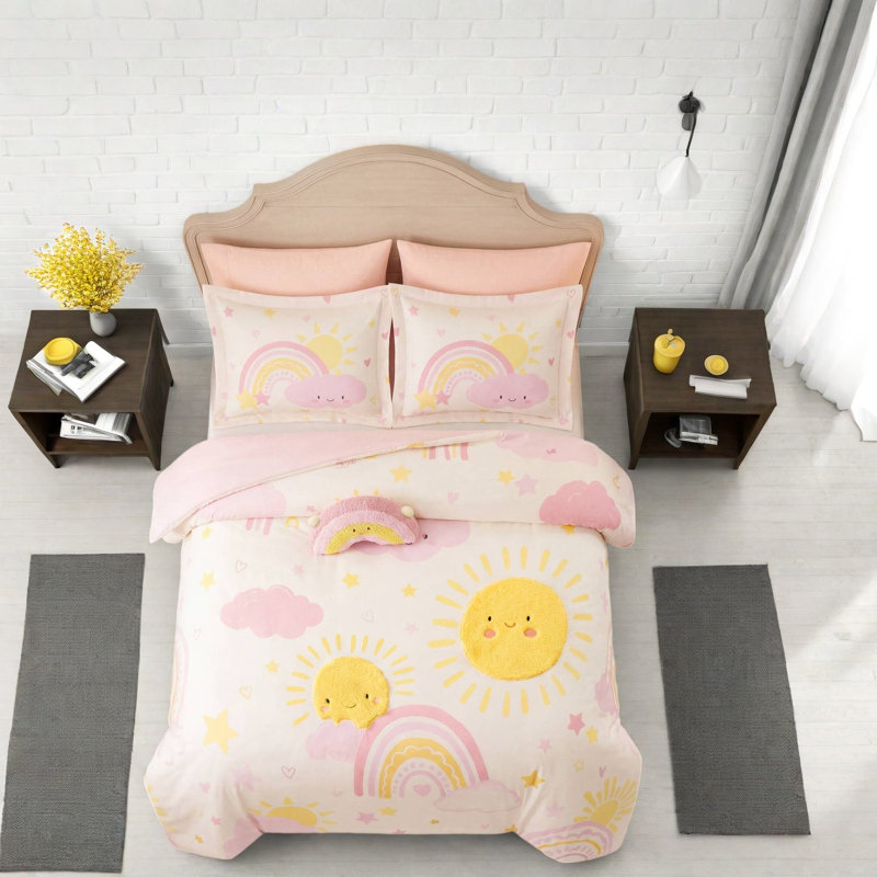 Ensemble de literie 6 pièces rose en arc-en-ciel pour grand lit en microfibre pour enfants