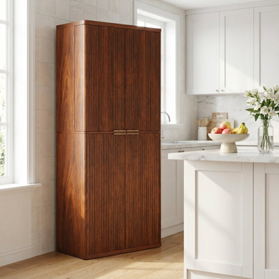 Tall Fluted Wood Pantry Cabinet with Doors and Shelves for Kitchen and Dining Room Storage, Freestanding Cupboard Organizer with Multiple Shelves and by Latitude Run