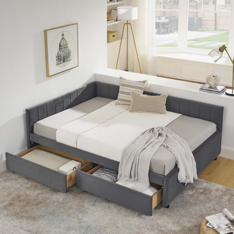 Full Size Upholstered Tufted Bed Frame With Two Drawers, Sofa Bed Frame With Comfortable Backrest And Armrests, Velvet, Gray
