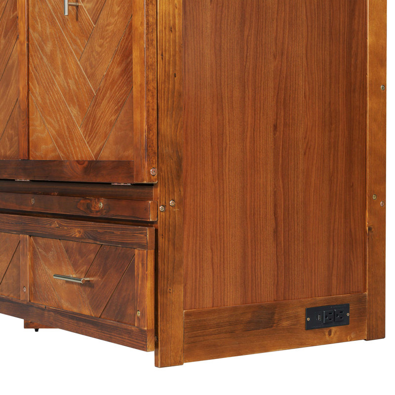 Grand lit escamotable en bois de pin avec station de charge USB intégrée et panneau de décoration géométrique, noyer