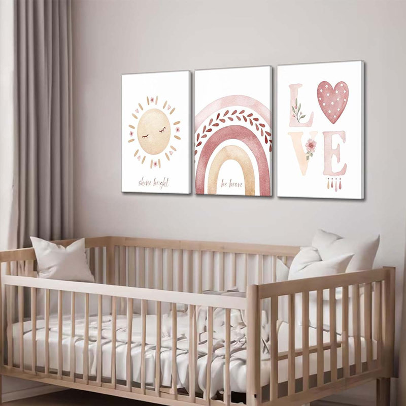60*40,3 Pcs Nursery Canvas Wall Art Pink Sun Rainbow Hearts Posters Prints Boho Kids Room Pictures., 60 cm H x 40 cm W