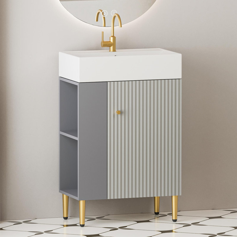 Meuble-lavabo de salle de bain avec ouverture de porte à droite et tablette ouverte à gauche, Gris mat