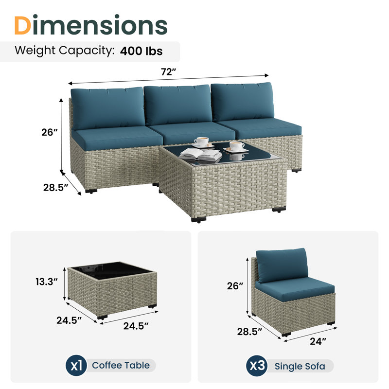 3-Person Outdoor Wicker Sofa Set With Cushion, Blue