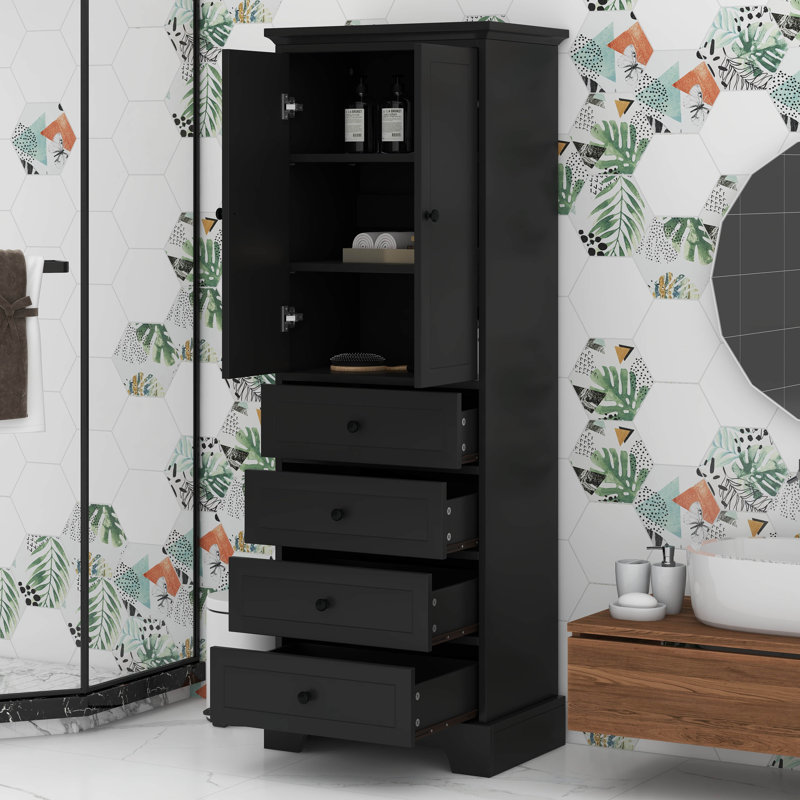 Armoire de rangement autoportante avec 2 portes / tablette réglable / 4 tiroirs, armoire pour salle de bain, bureau, cuisine, panneau de fibres à densité moyenne