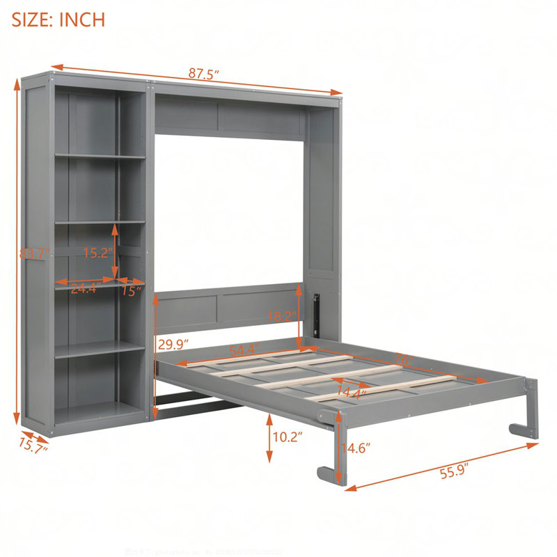 Lit escamotable mural avec tablettes Murphy, gris, Double