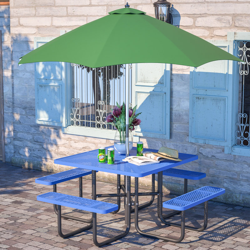 Table de salle à manger en métal avec trou pour parasol, Bleu