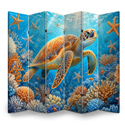 6 panneaux de paravent pliant paravent tortue de mer royale nageant vibrant récif de corail étoile de mer Sunlit océan toile séparateur de pièce séparateur de protection autoportant cloison d'intimité pour salle de bain