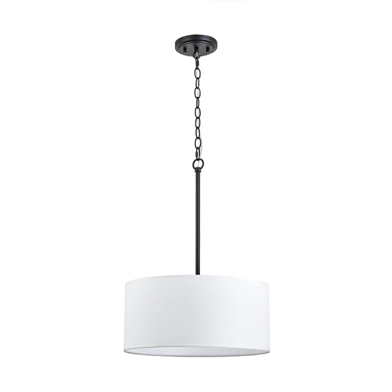 Matte Black Drum Pendant Light with White Fabric Shade