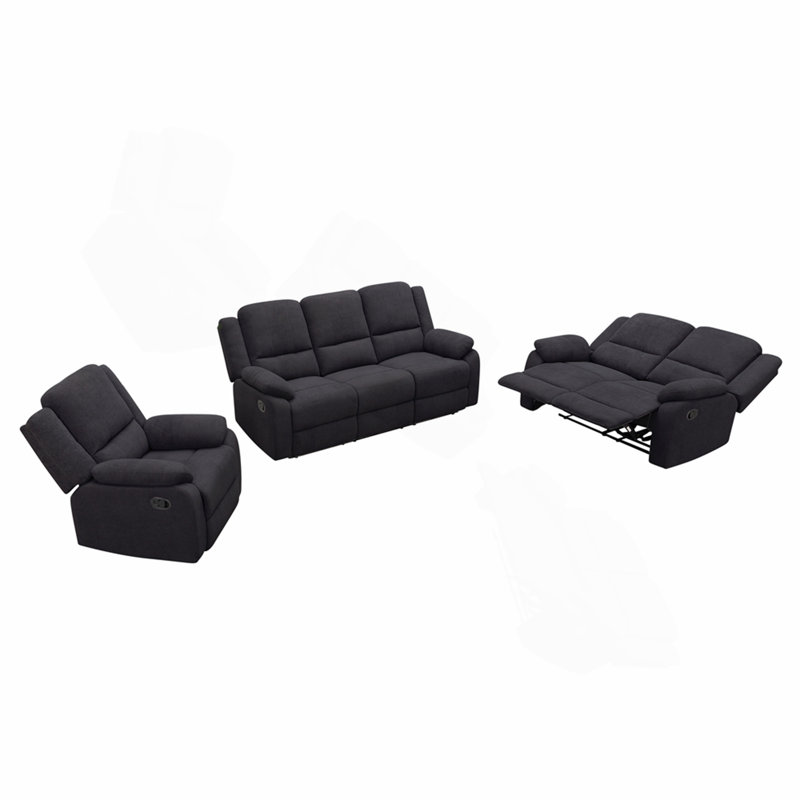 Ensemble de canapé inclinable 3 pièces - canapé 3 places, causeuse et fauteuil inclinable simple, Noir