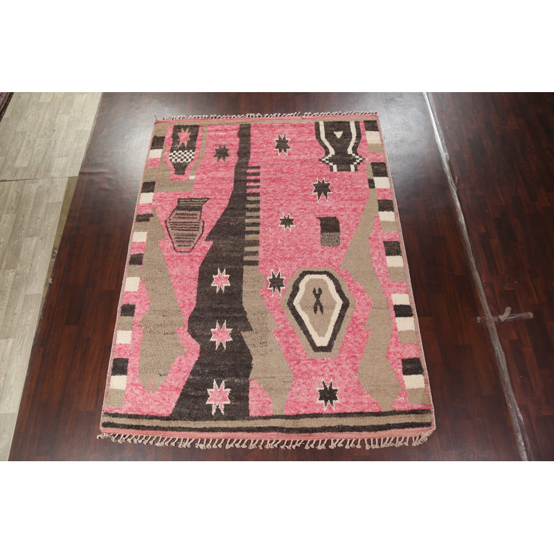 Tapis rose en laine noué à la main de conception unique 8 pi 0 po x 10 pi 7 po