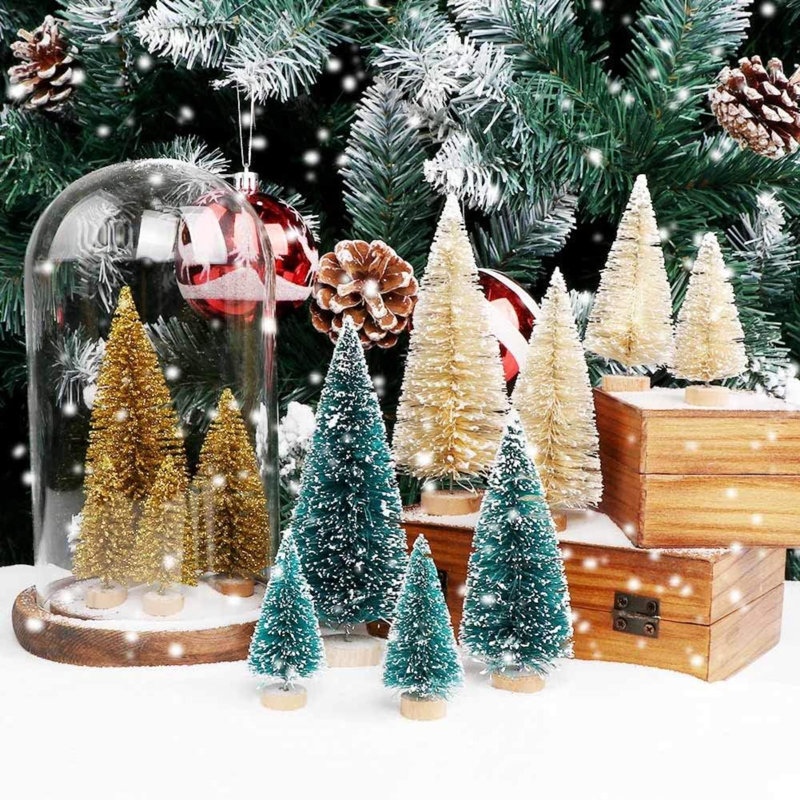 24 pièces de sapins de Noël en forme de bouteille avec base en bois, arbres de village de Noël pour les décorations de Noël de table