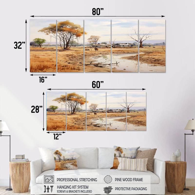 «Beige African Safari Landscape I - Afrique», ensemble de 5 décorations murales, H 28 po x l 60 po