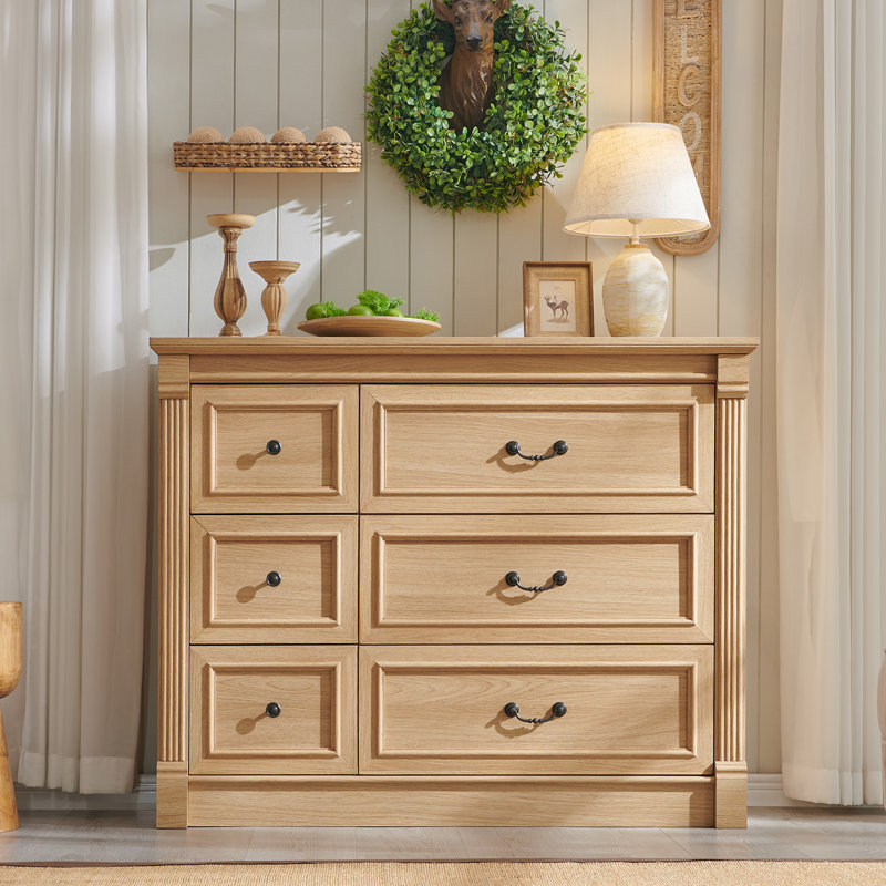 Commode 6 tiroirs Farmhouse pour chambre à coucher, commodes larges de 48 po et commodes avec colonne romaine, Naturel