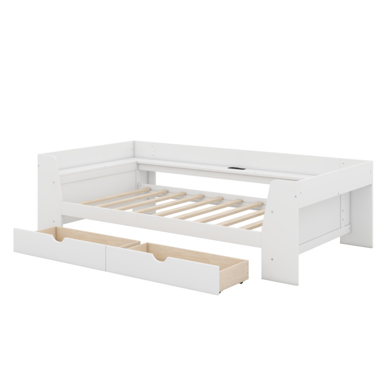 Lit de jour simple avec tablettes, tiroirs et station de charge intégrée, Blanc
