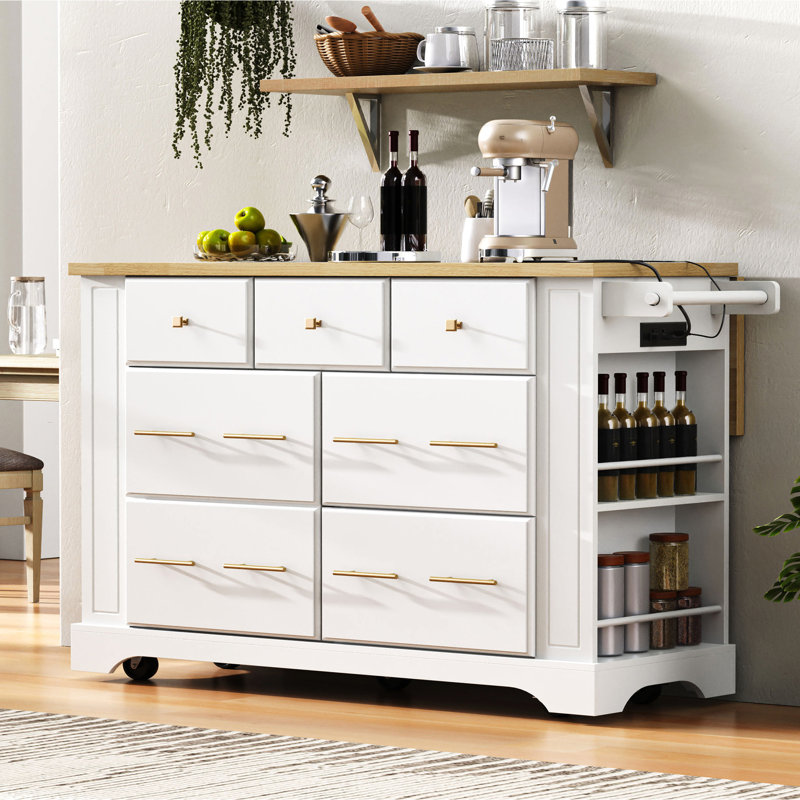 Îlot de cuisine avec 6 tiroirs spacieux, abattant, prise de courant, rangement pour poubelle, 5 roulettes, armoire cachée blanche pour tiroir d'équilibre, design moderne,
