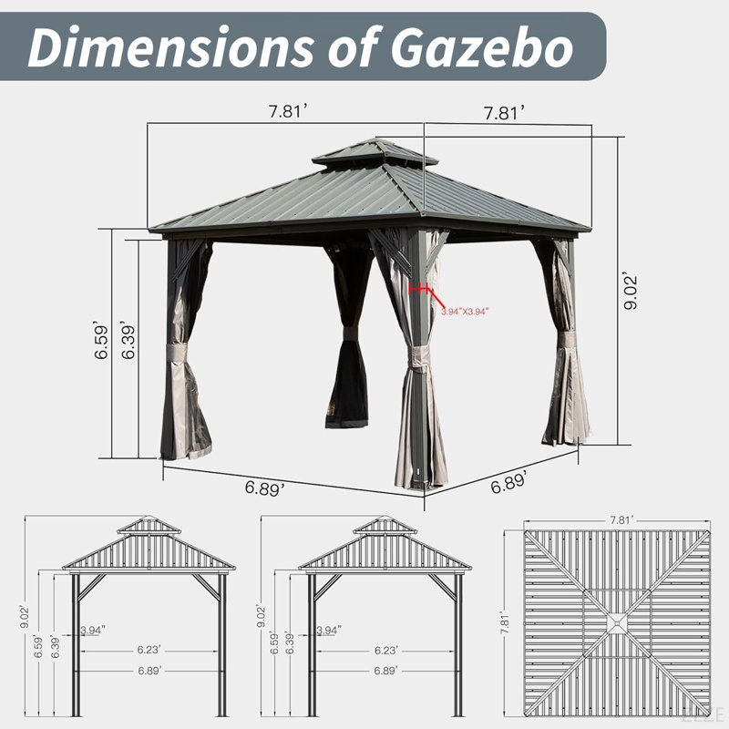 8' X 8' Hardtop Gazebo, Aluminum Metal Gazebo With Galvanized Steel Double Roof Canopy, Curtain And Netting, Permanent Gazebo Pavilion For Patio, Backyard, Deck, Lawn