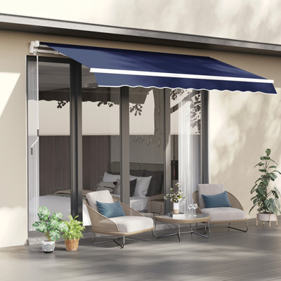 Auvent de terrasse rétractable 10 pi x 8 pi - bleu et recouvert d'eau, avec cadre en aluminium et commande à manivelle pour patio, balcon, cour, terrasse, main de balcon