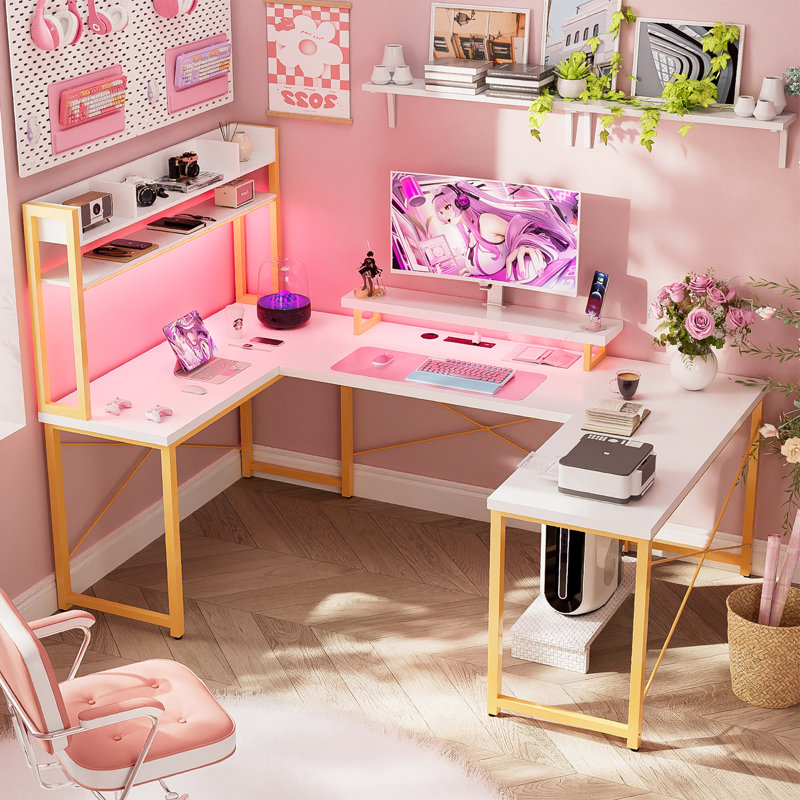 Bureau d'ordinateur en U avec rehausse l 74,48 po Kanisha, Blanc / doré