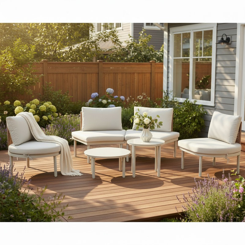 Ensemble de conversation pour patio avec coussins 6 pièces, Coussin beige / beige; structure brune