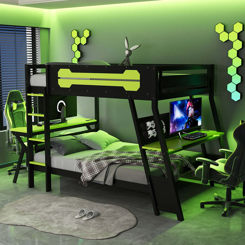 Twin Size Bunk Bed with Two Built-In Gaming Desks, USB Desktop Ports & Pegboard Organizer, Gaming Bunk Frame for Gamer, Green