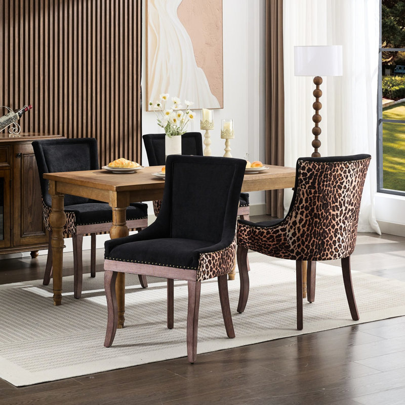 Chaises de salle à manger d'appoint ultra modernes à motif léopard pour 2 personnes, coussin en mousse à haute élasticité et à ressorts, structure en bois d'hévéa massif de style Mid-Century avec tissu épaissi, rivets décoratifs, pieds, largeur de 20,47 po,