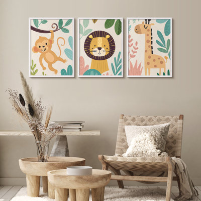 Safari, ensemble d'art mural encadré de 3 animaux - lion singe de la jungle et girafe pour décor de chambre d'enfant ou de salle de jeux