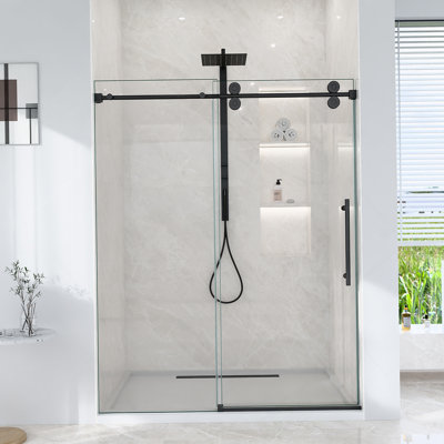 56"-60"W*72" H Frameless Single Sliding Shower Door – 5/16" (8Mm) Clear Tempered Glass, Bypass Design With Matte Black Finish