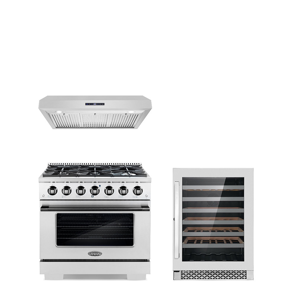 Cosmo 3 Piece Kitchen Appliance Package with 36'' Gas Freestanding Range , Under Cabinet Range Hood , and Wine Refrigerator Cosmo 