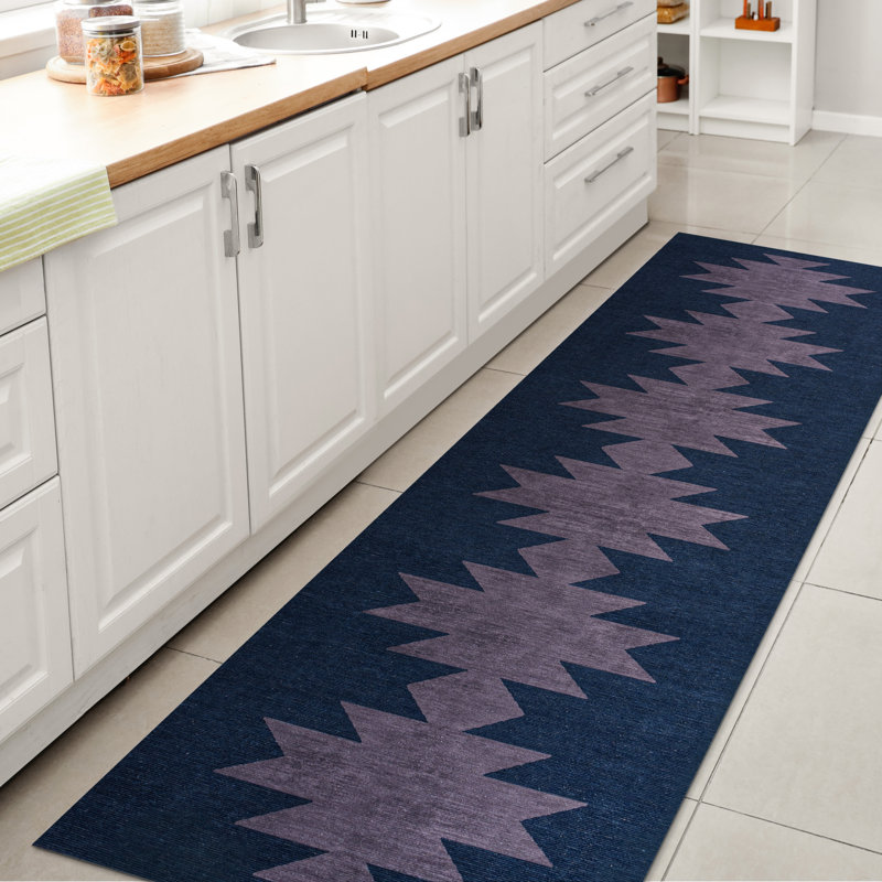 Katriel Minimalist Geometric Machine-Washable Navy/Purple Rug, Runner 2' x 8'