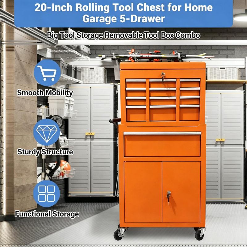 Coffre à outils à 5 tiroirs sur roulettes, armoire à outils roulante détachable 2 en 1, organisateur de rangement métallique verrouillable pour garage et atelier