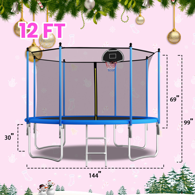 Trampoline d'extérieur 12 pi avec filet de sécurité et crochet en T pour cour arrière, trampoline rond robuste pour enfants et adultes - filet d'enclos inclus