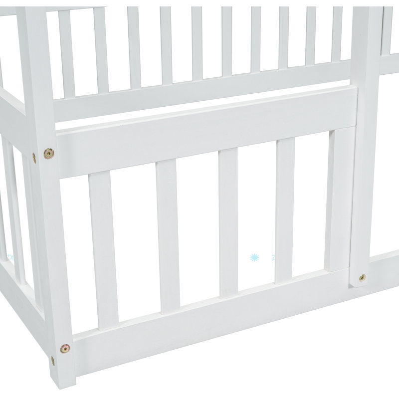 Wood House-Shaped Floor Bed With Fence, Guardrails, Full