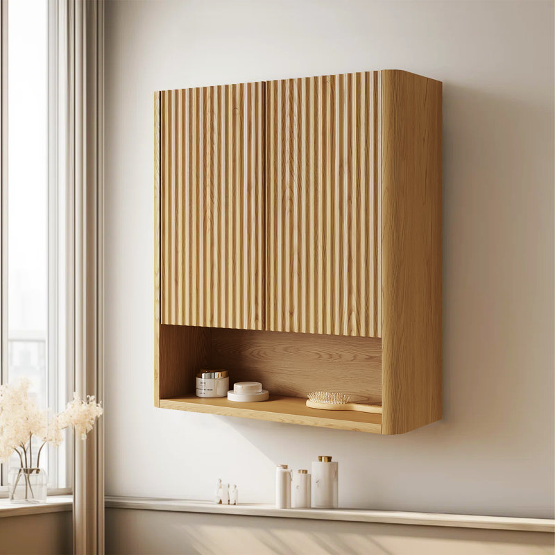 Modern 26" Golden Oak Wall-Mounted Striped Bathroom Cabinet